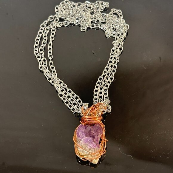 Druzy Amethyst Wire Wrapped Silver Aluminum Wire Wrapped Copper Necklace Pendant - Picture 3 of 5